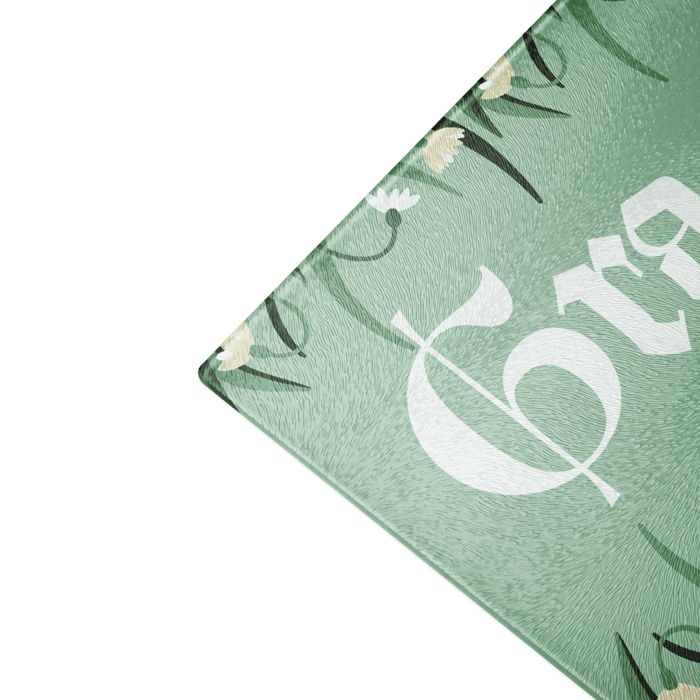 Green floral card with white decorative text.