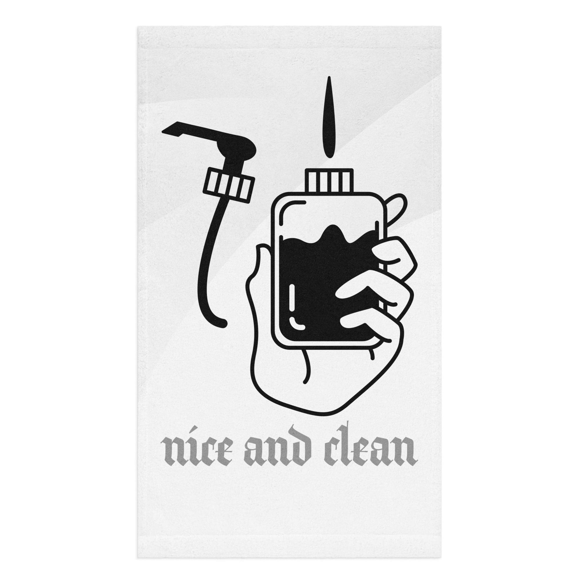 Hand holding soap dispenser, "nice and clean".
