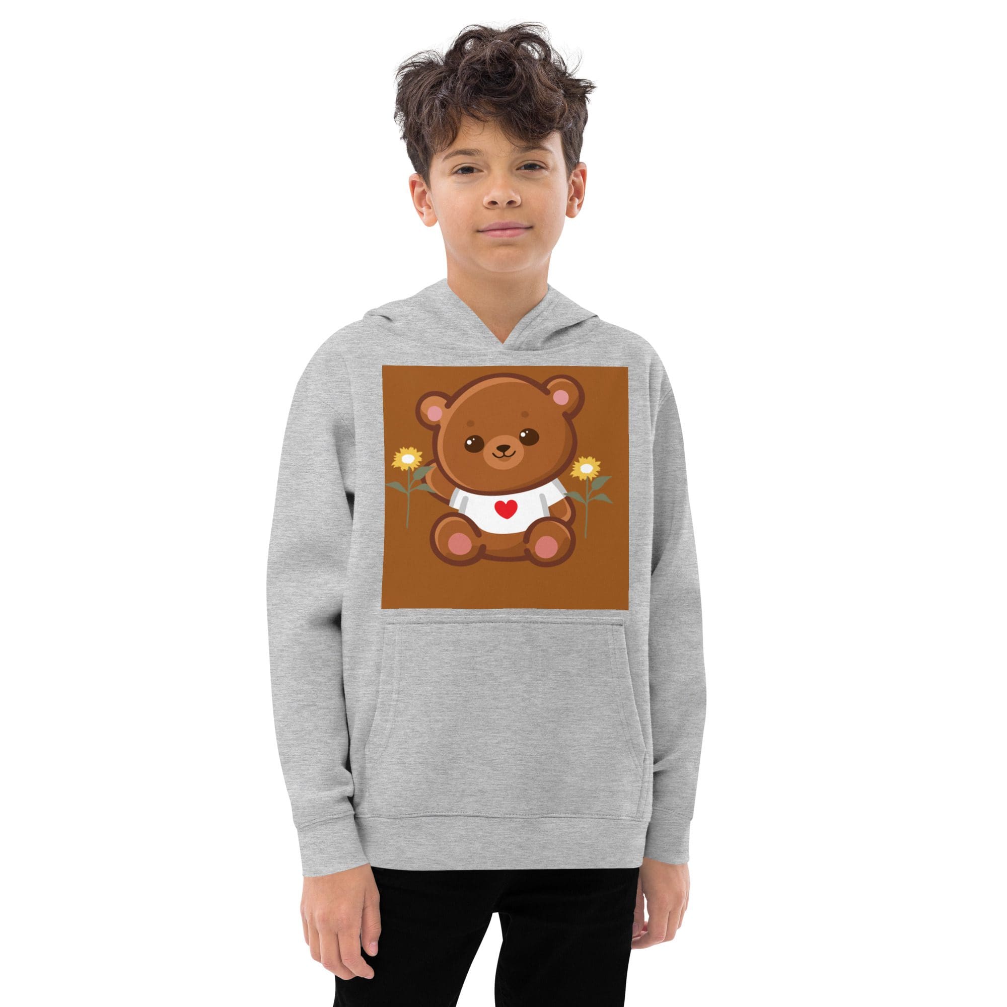 Boy wearing hoodie with teddy bear design.