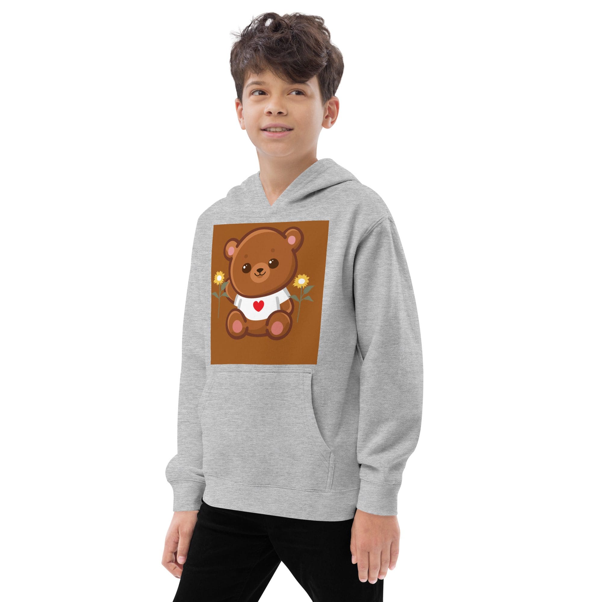 Boy wearing gray hoodie with bear design.