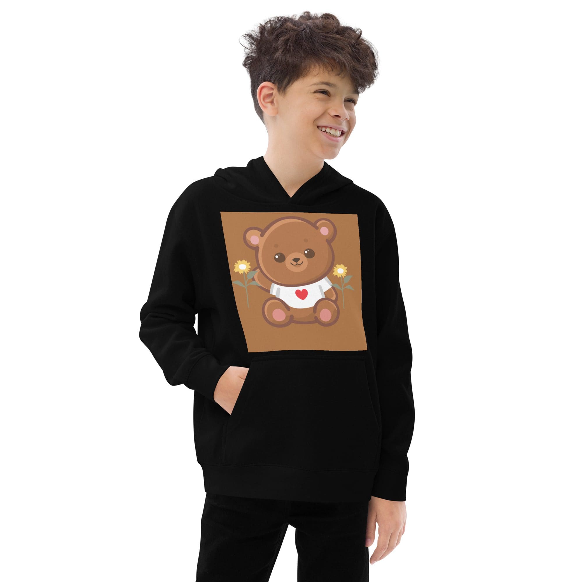 Boy wearing hoodie with cute bear design.