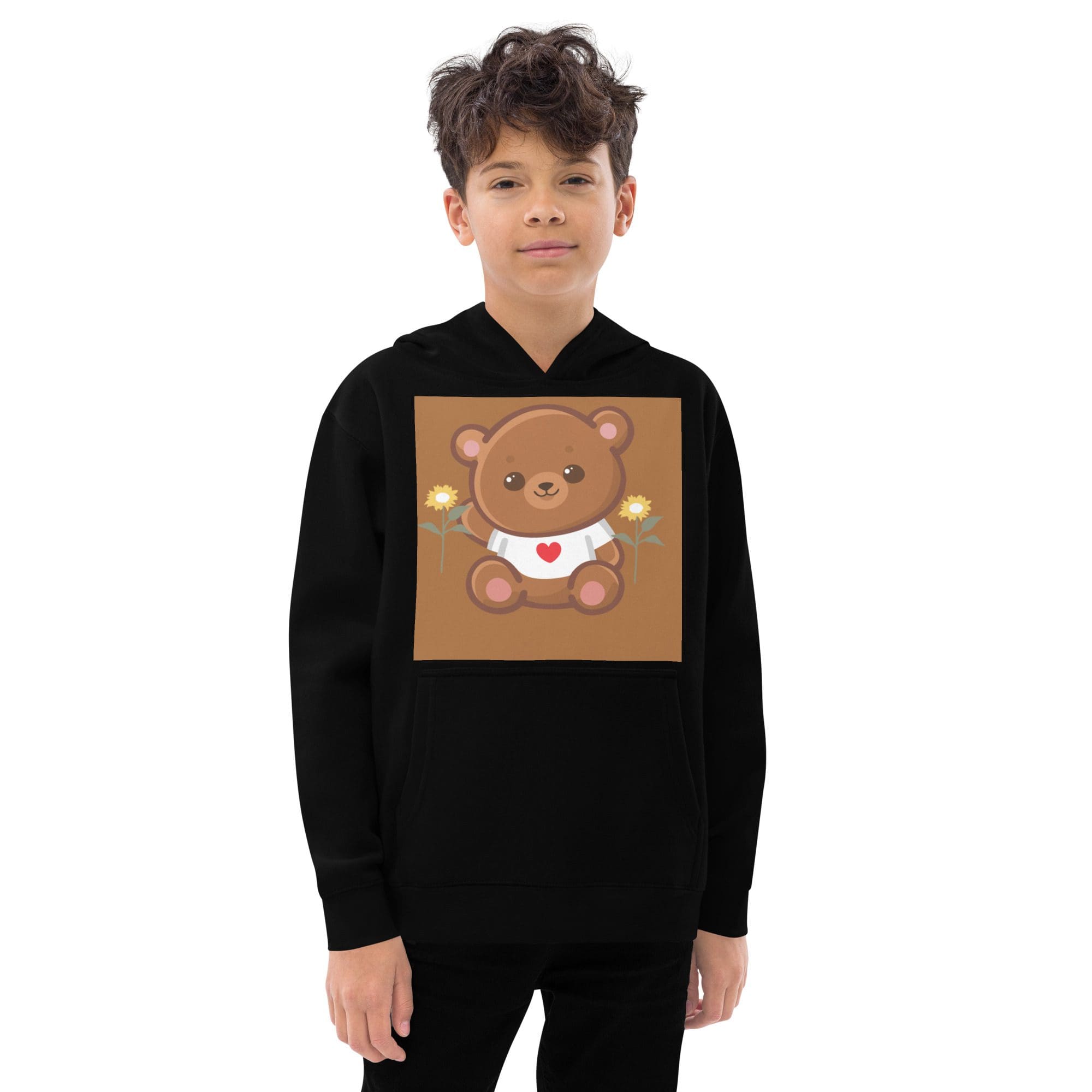 Child wearing black hoodie with teddy bear