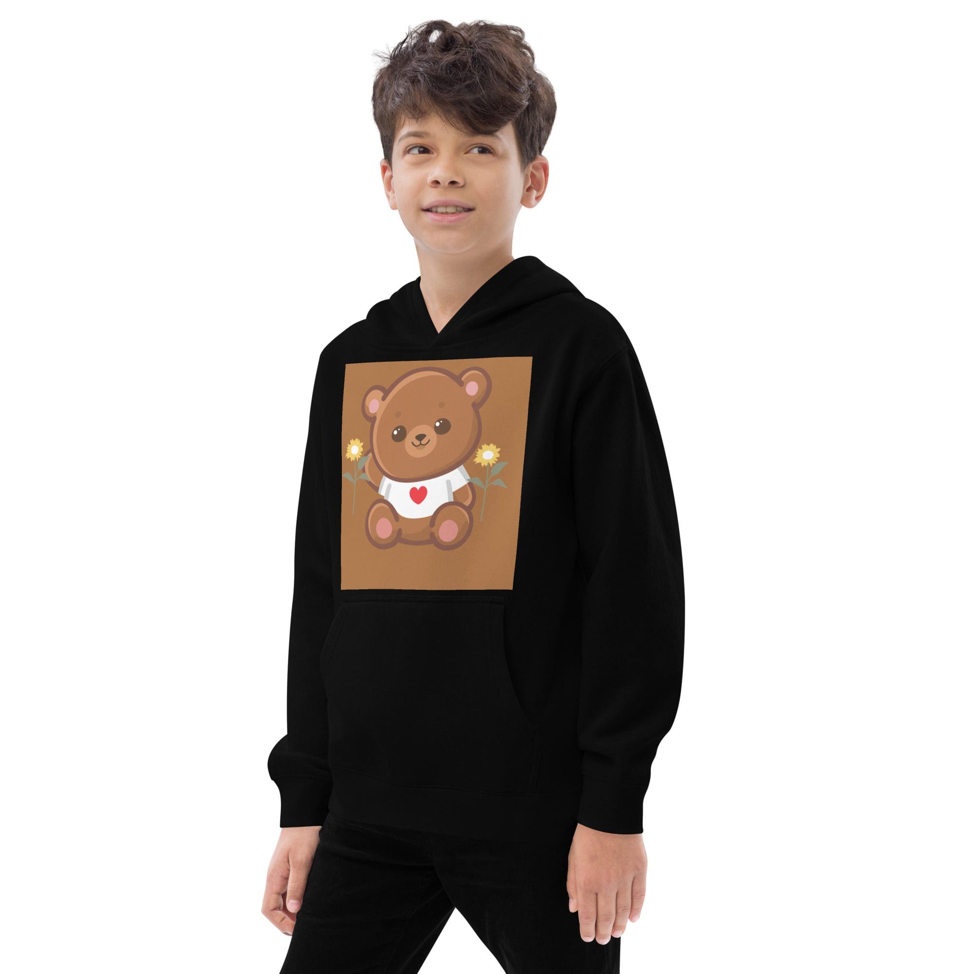 Boy wearing black hoodie with teddy print