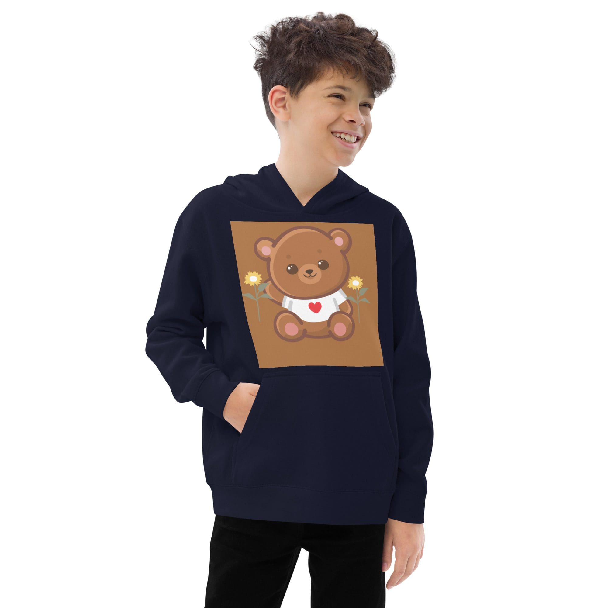 Smiling boy wearing teddy-bear graphic hoodie