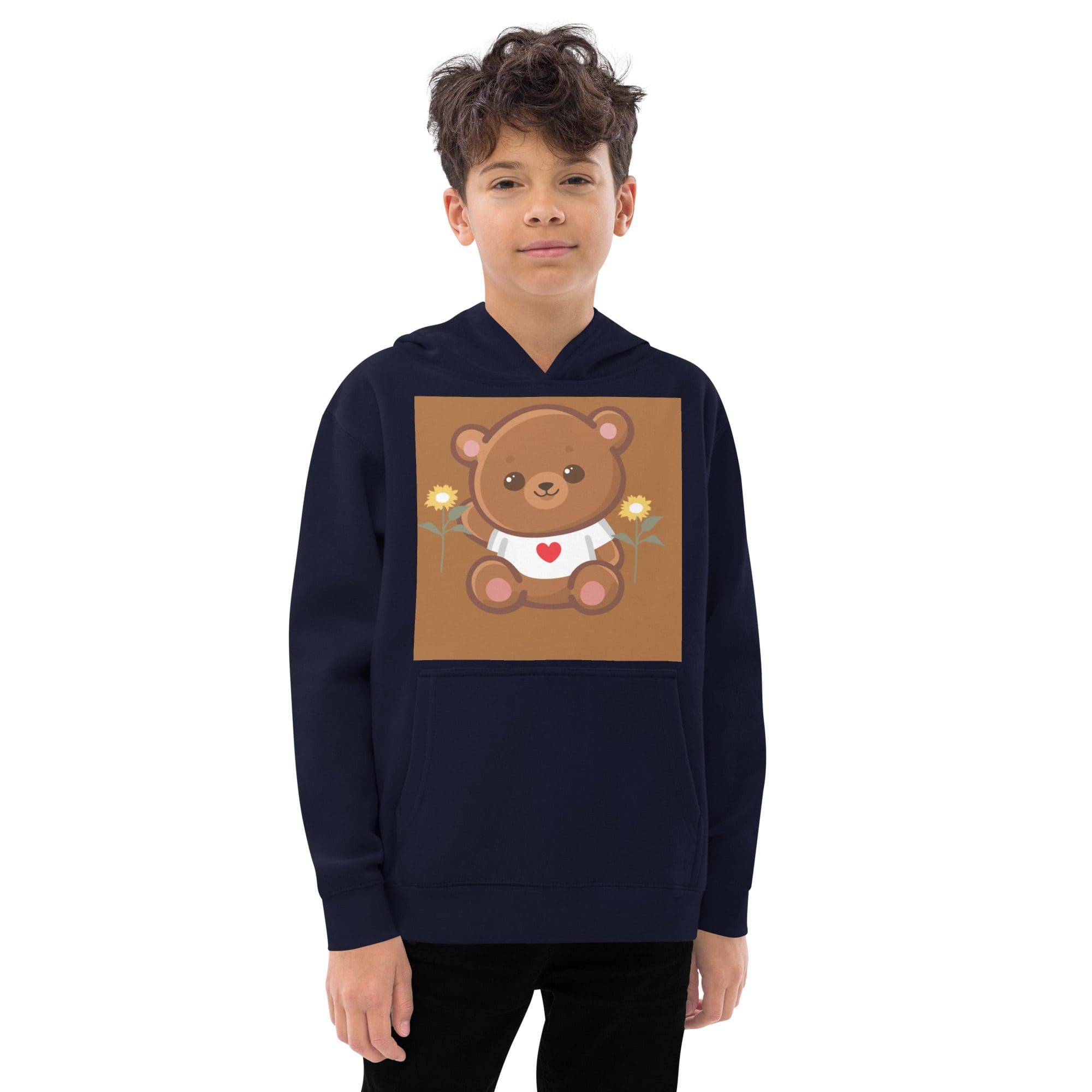 Child wearing hoodie with cute bear illustration.