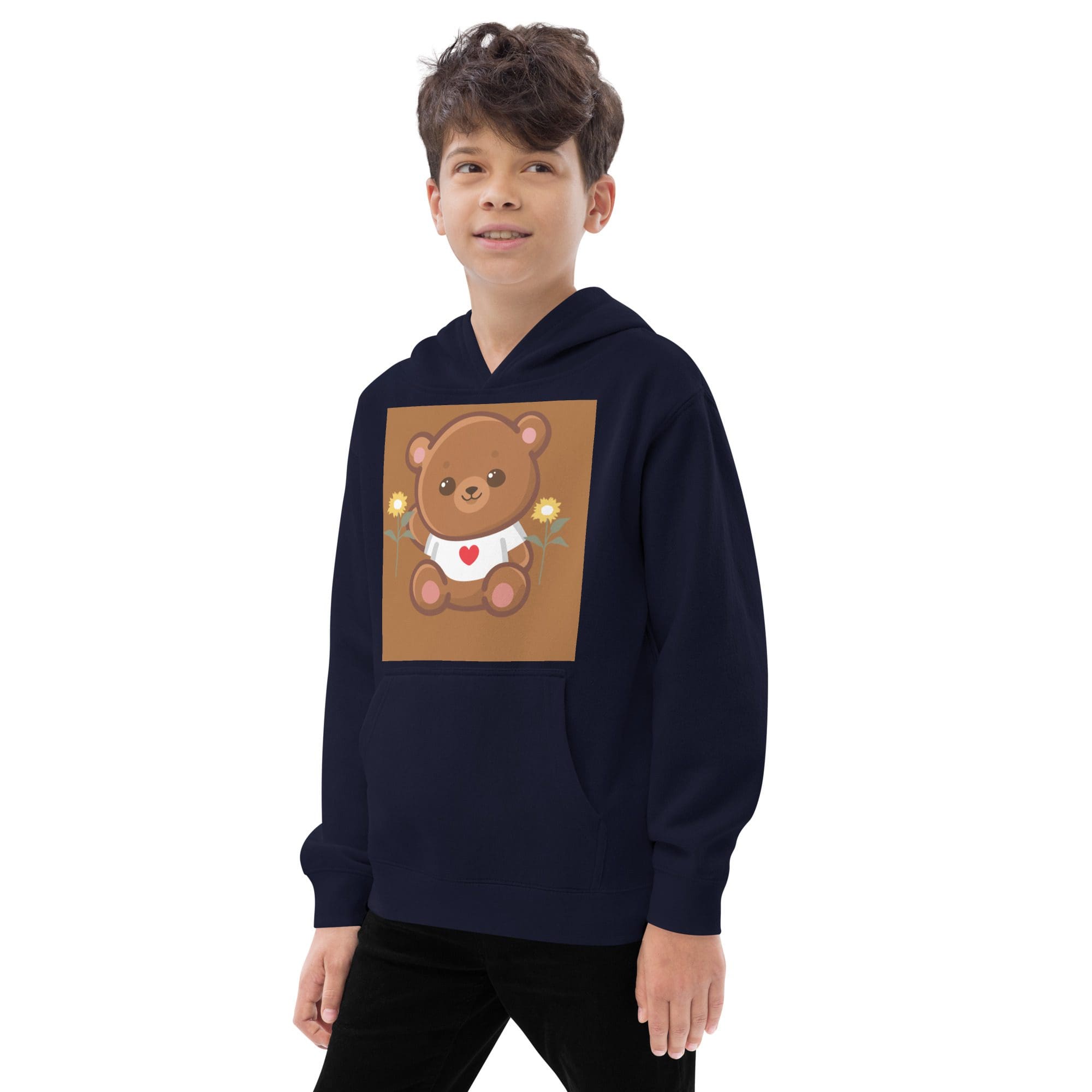 Boy wearing navy hoodie with teddy bear