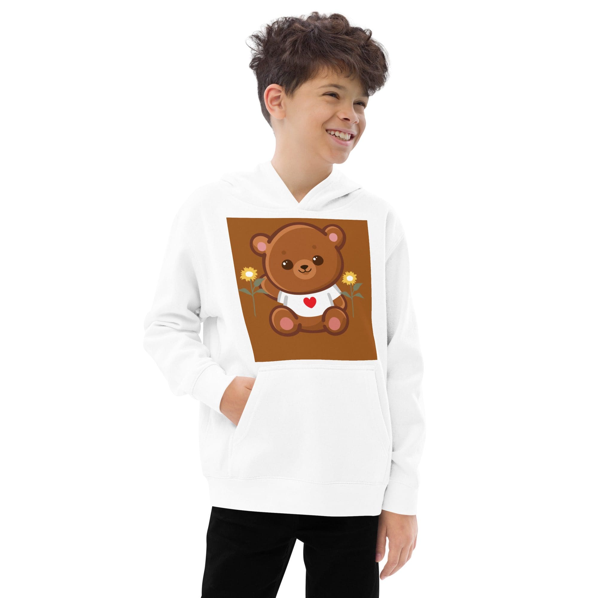 Boy wearing a hoodie with bear design.