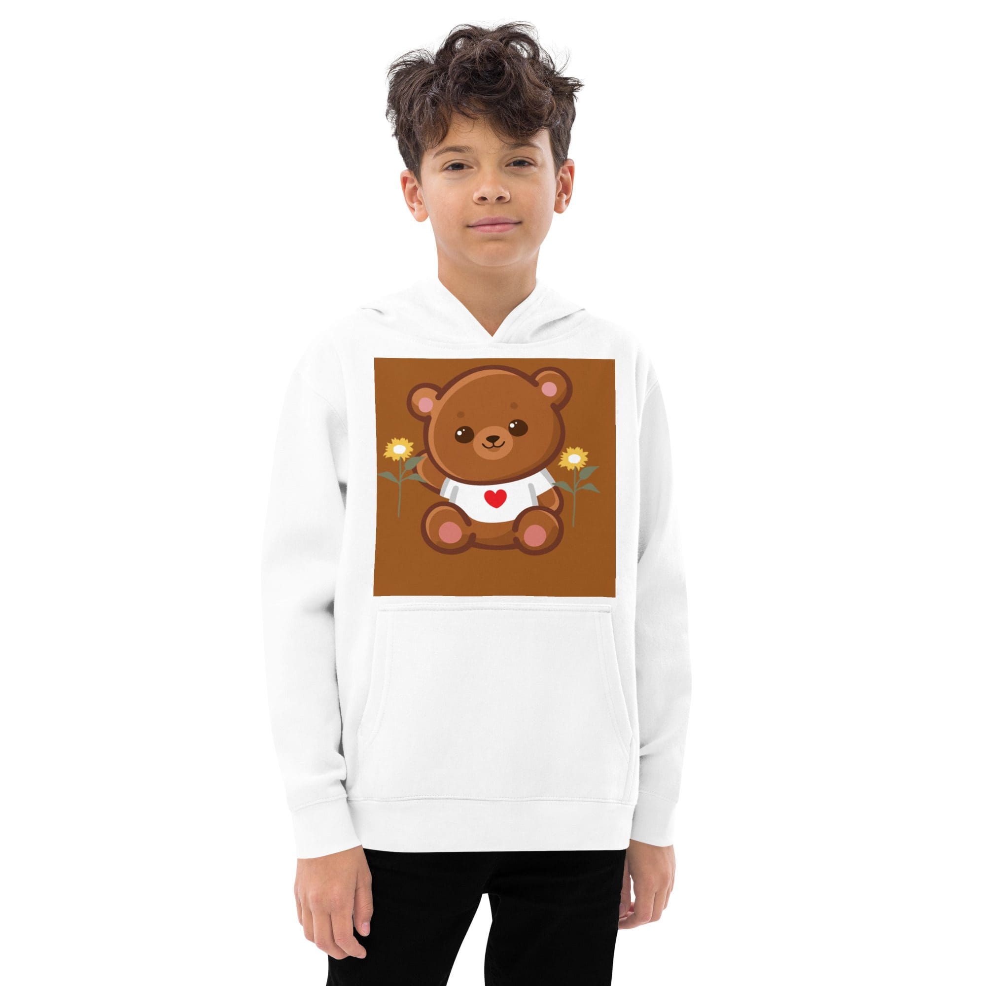 Child wearing hoodie with cute bear design.