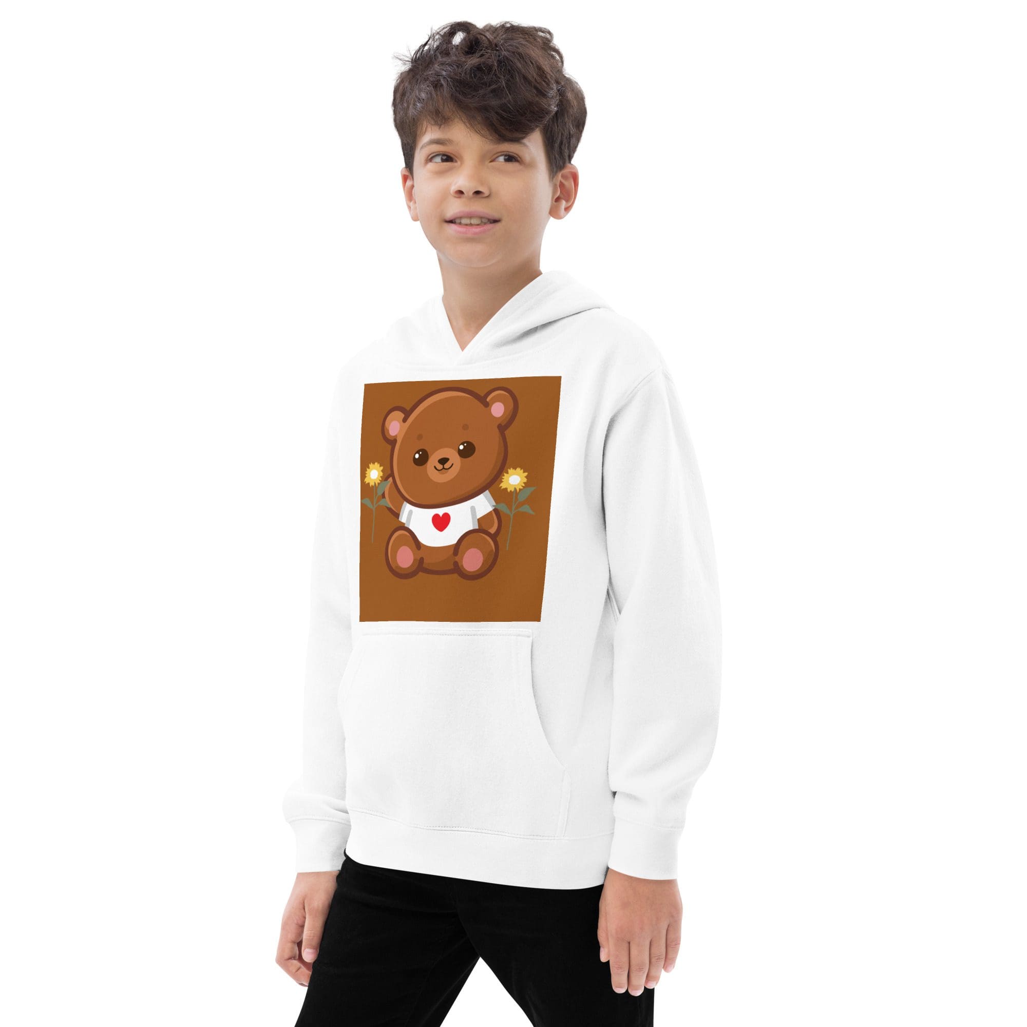 Boy wearing white hoodie with teddy graphic