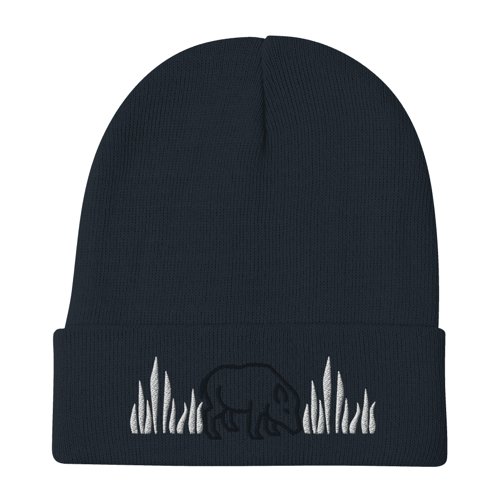 Black beanie with elephant and grass design.