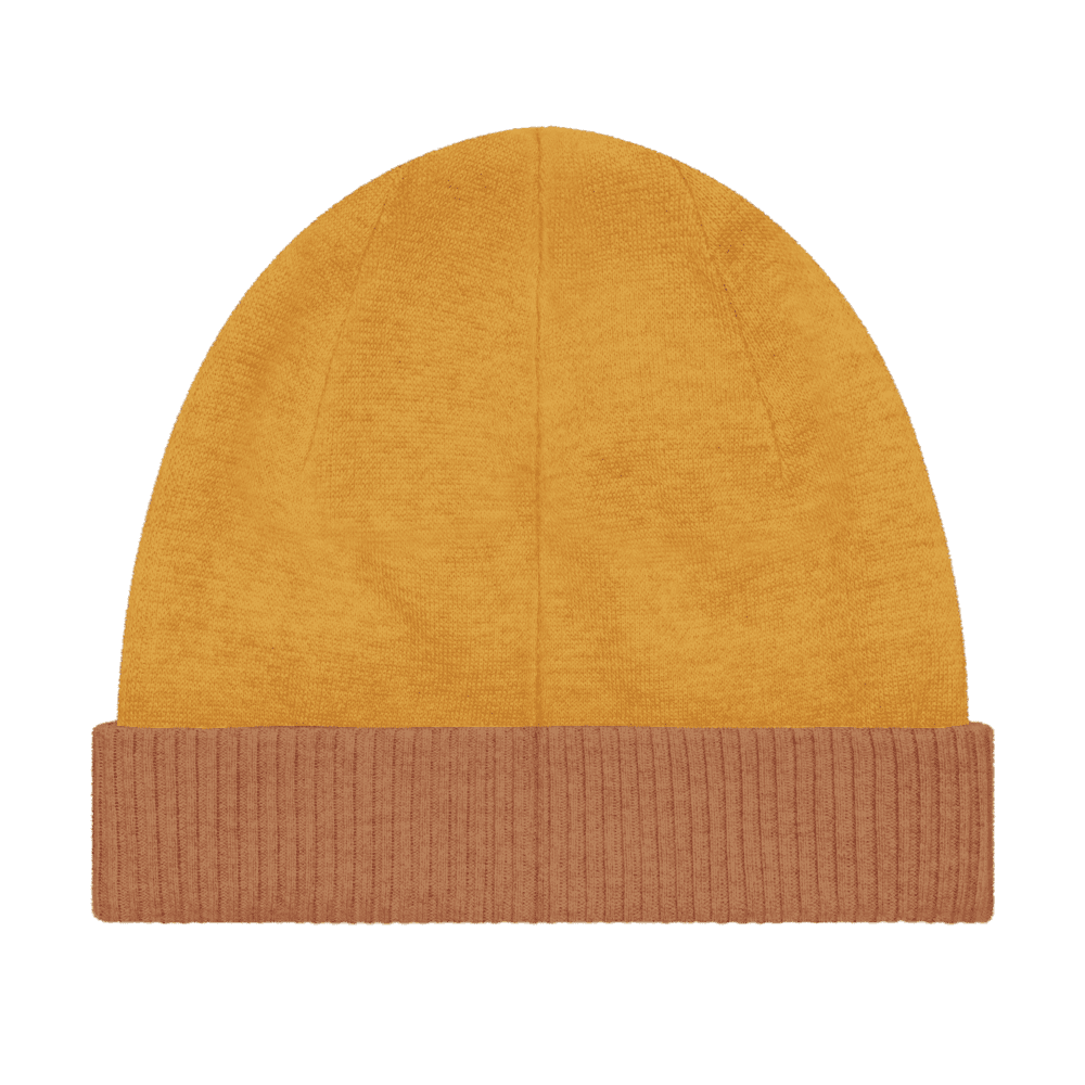 Yellow beanie with brown cuff.