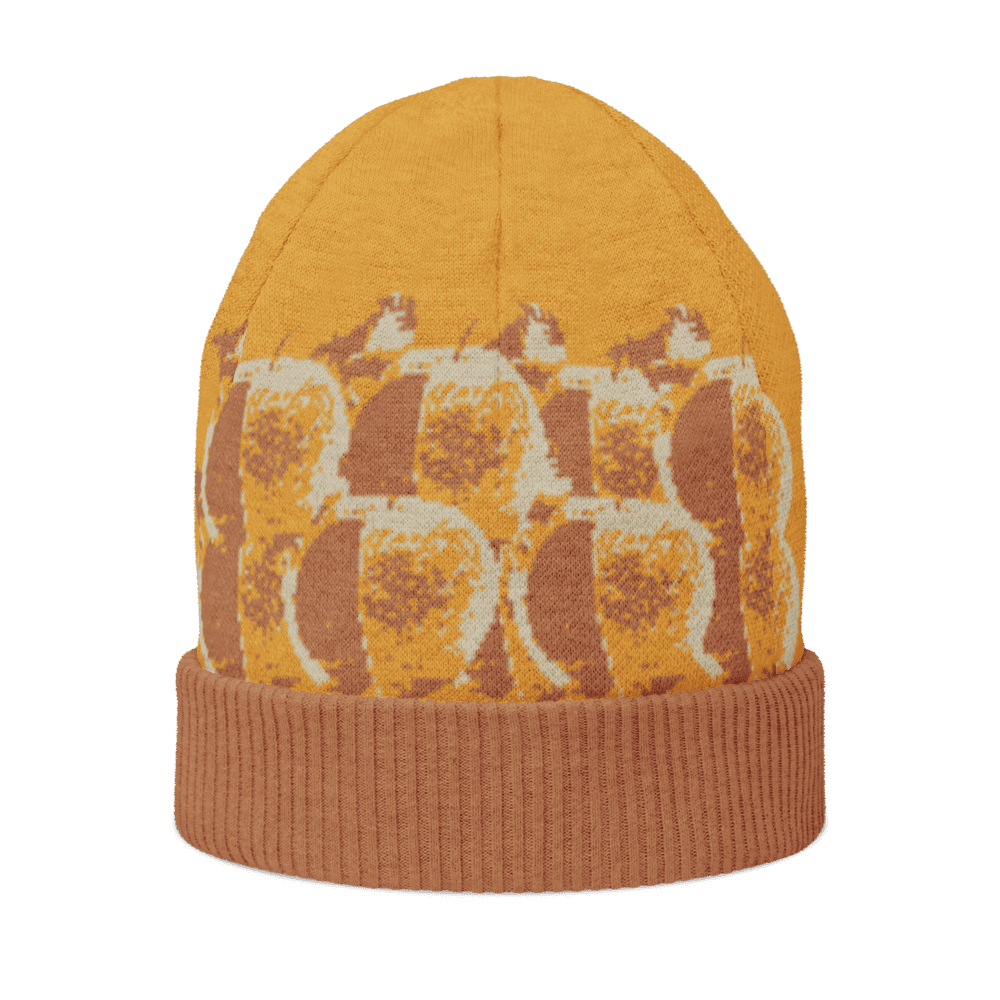 Yellow knit beanie with repeating fruit pattern