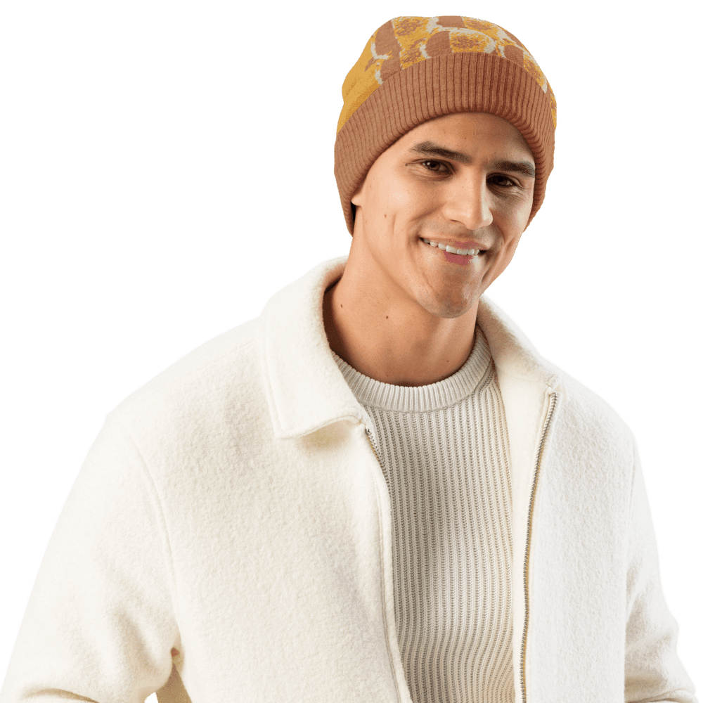 Man wearing beanie and white jacket.