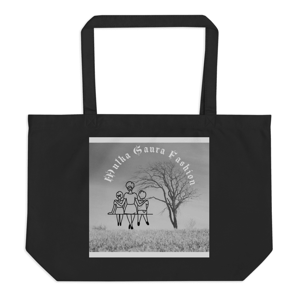 Black tote bag with artistic design.