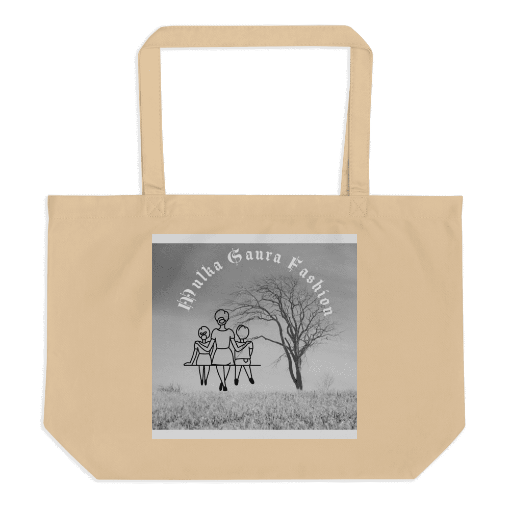 Beige tote bag with tribal art design.