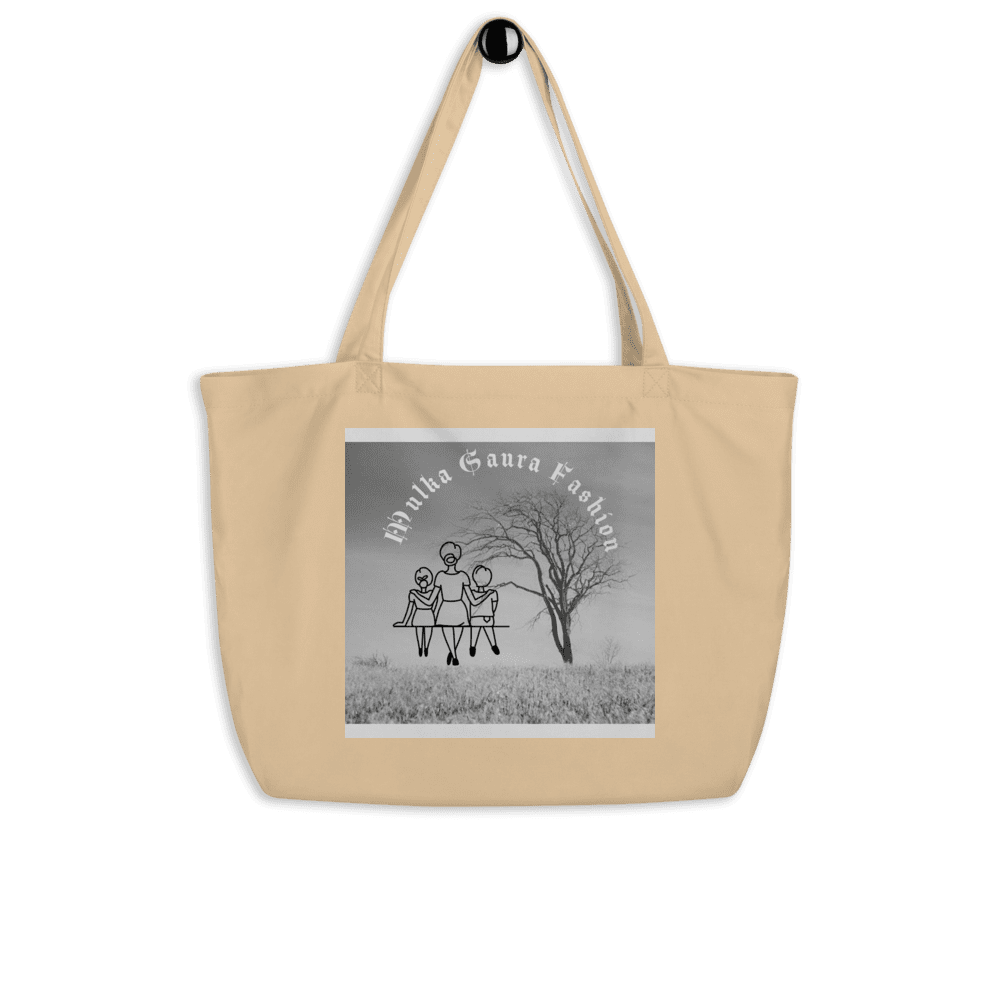 Beige tote bag featuring three stylized figures