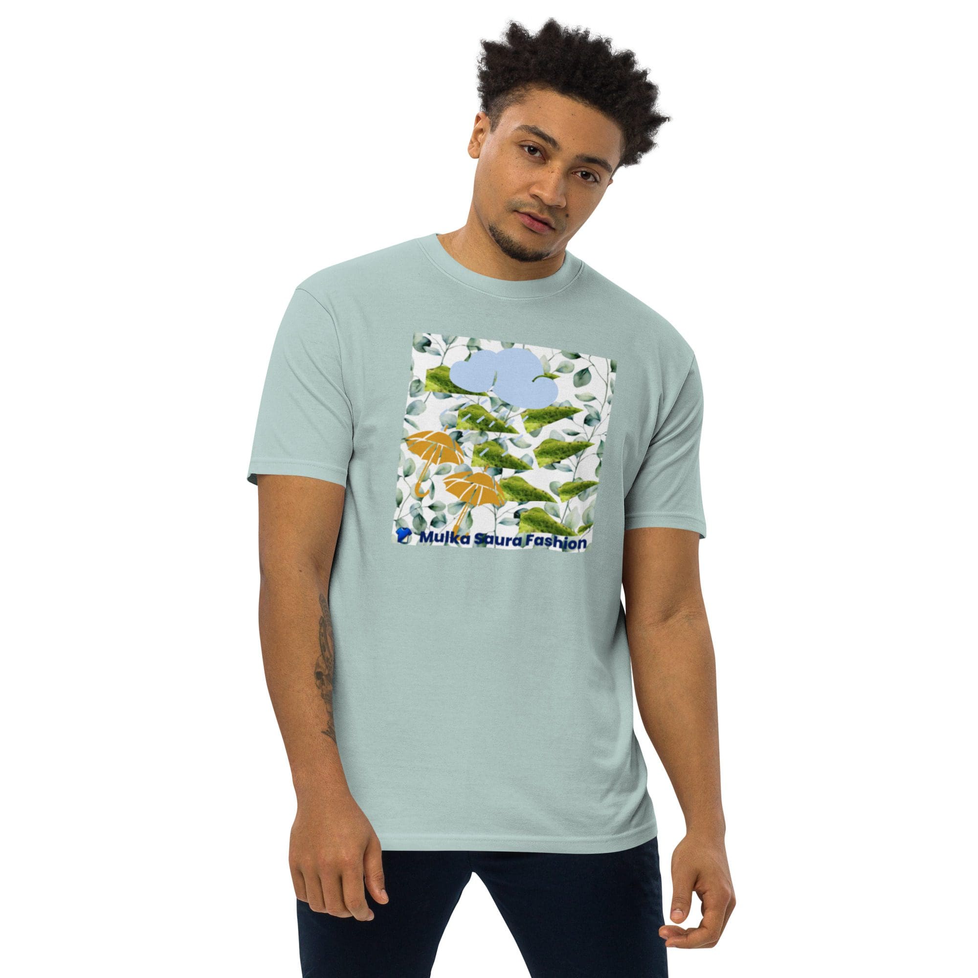 Man wearing light blue graphic t-shirt.