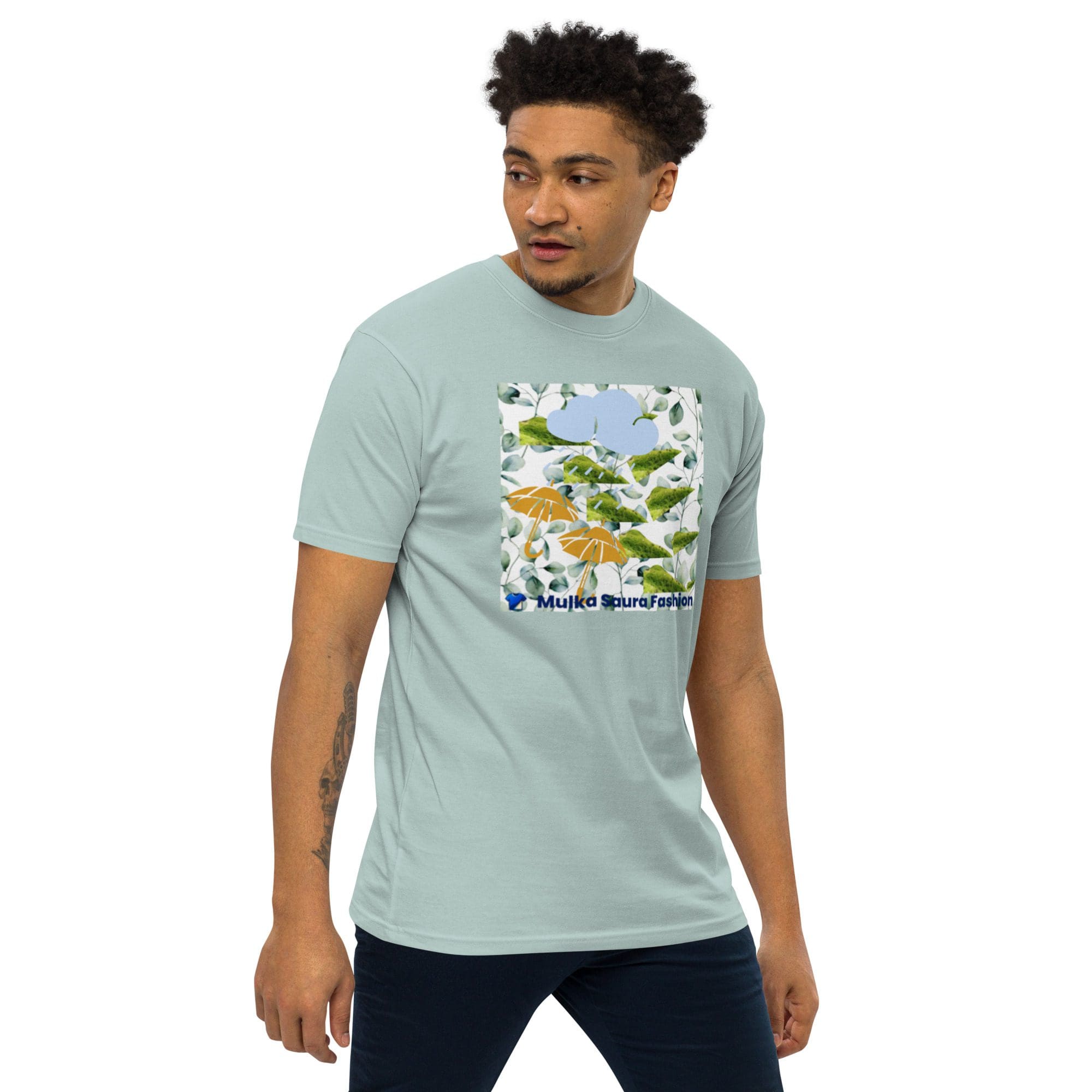 Man wearing a printed light blue T-shirt.