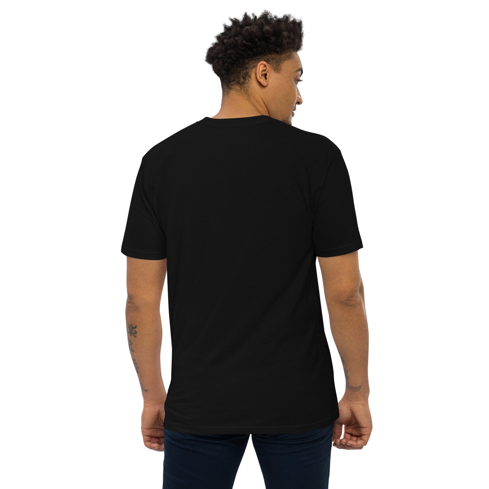 Man wearing a black T-shirt, back view.