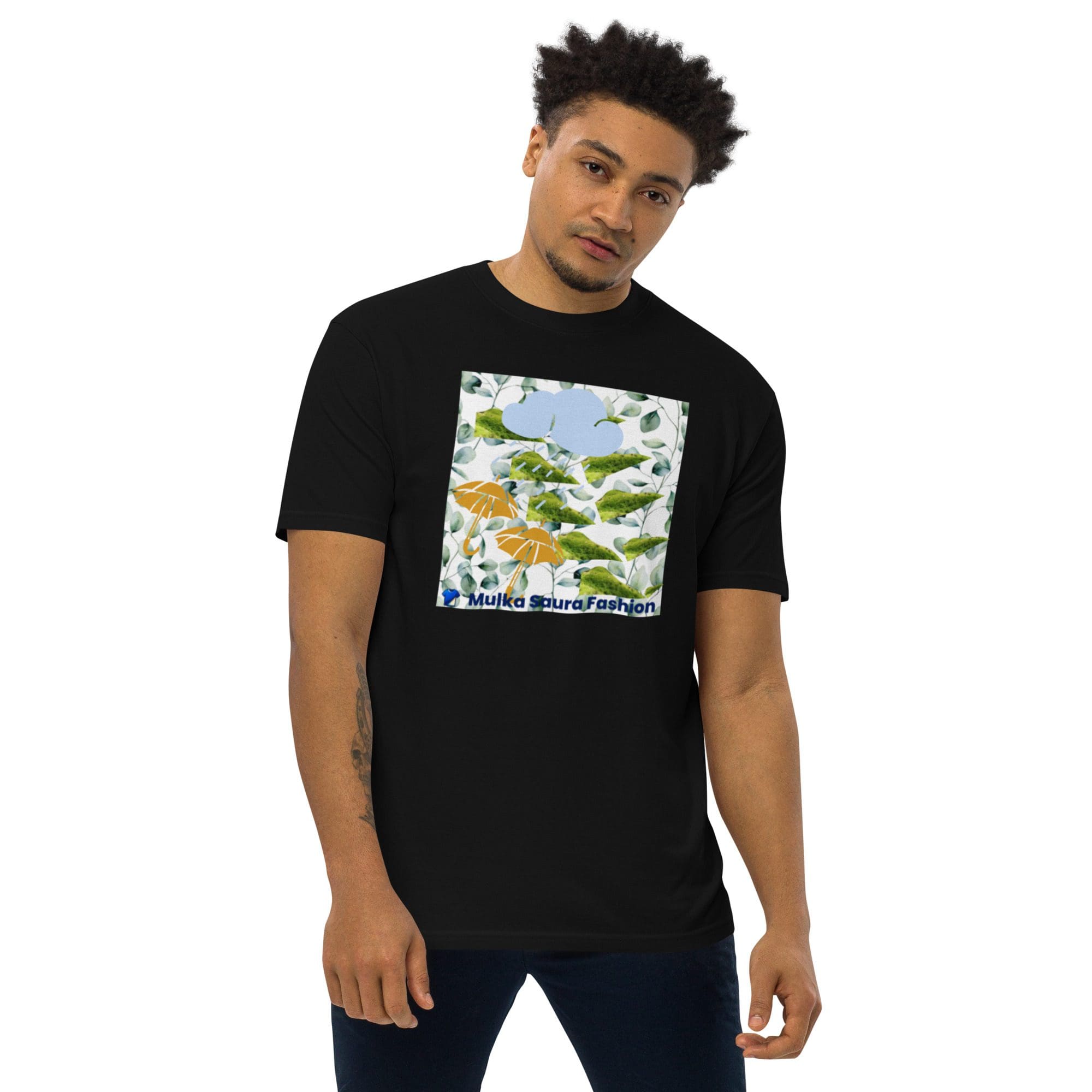 Man wearing black t-shirt with bird design.
