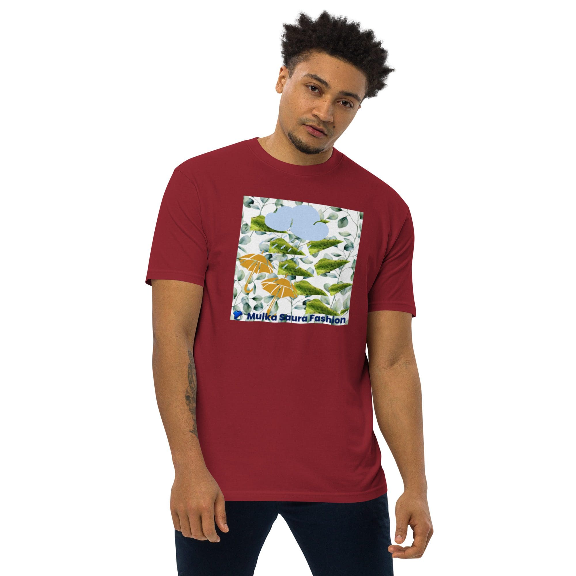 Man wearing maroon t-shirt with floral print