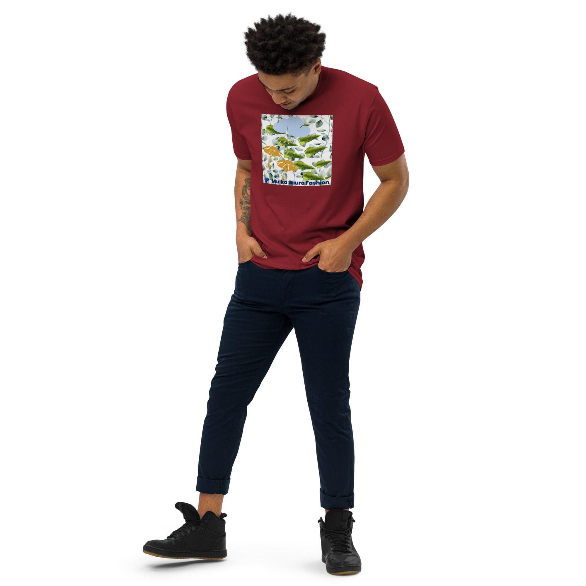 Man modeling maroon graphic t-shirt and chinos