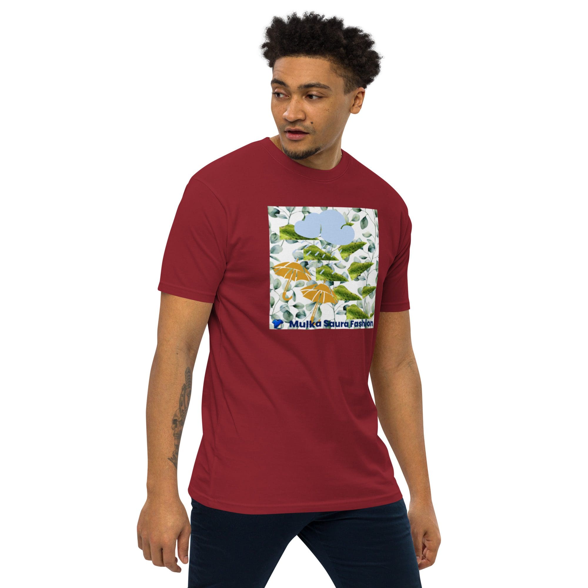 Man wearing a red graphic T-shirt.