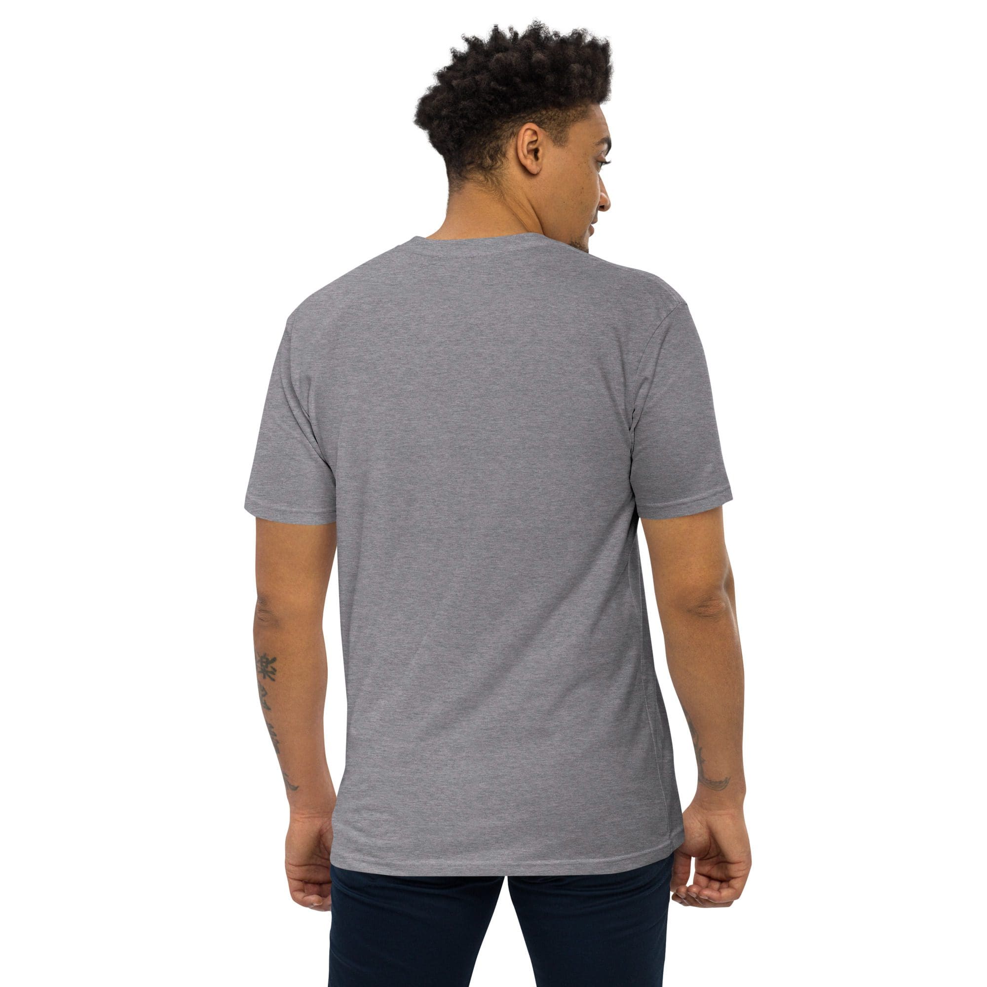 Man wearing gray t-shirt, back view.