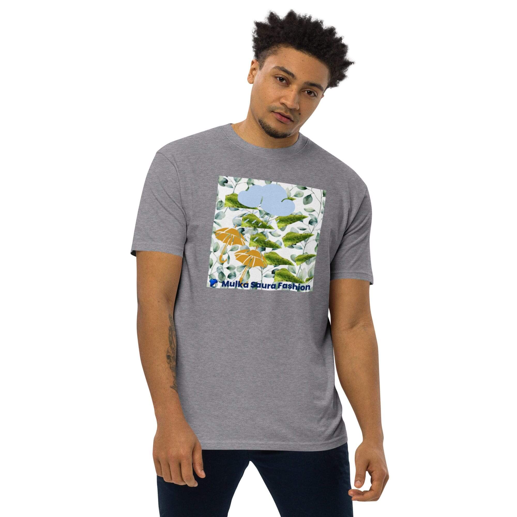 Man wearing gray tee with colorful print