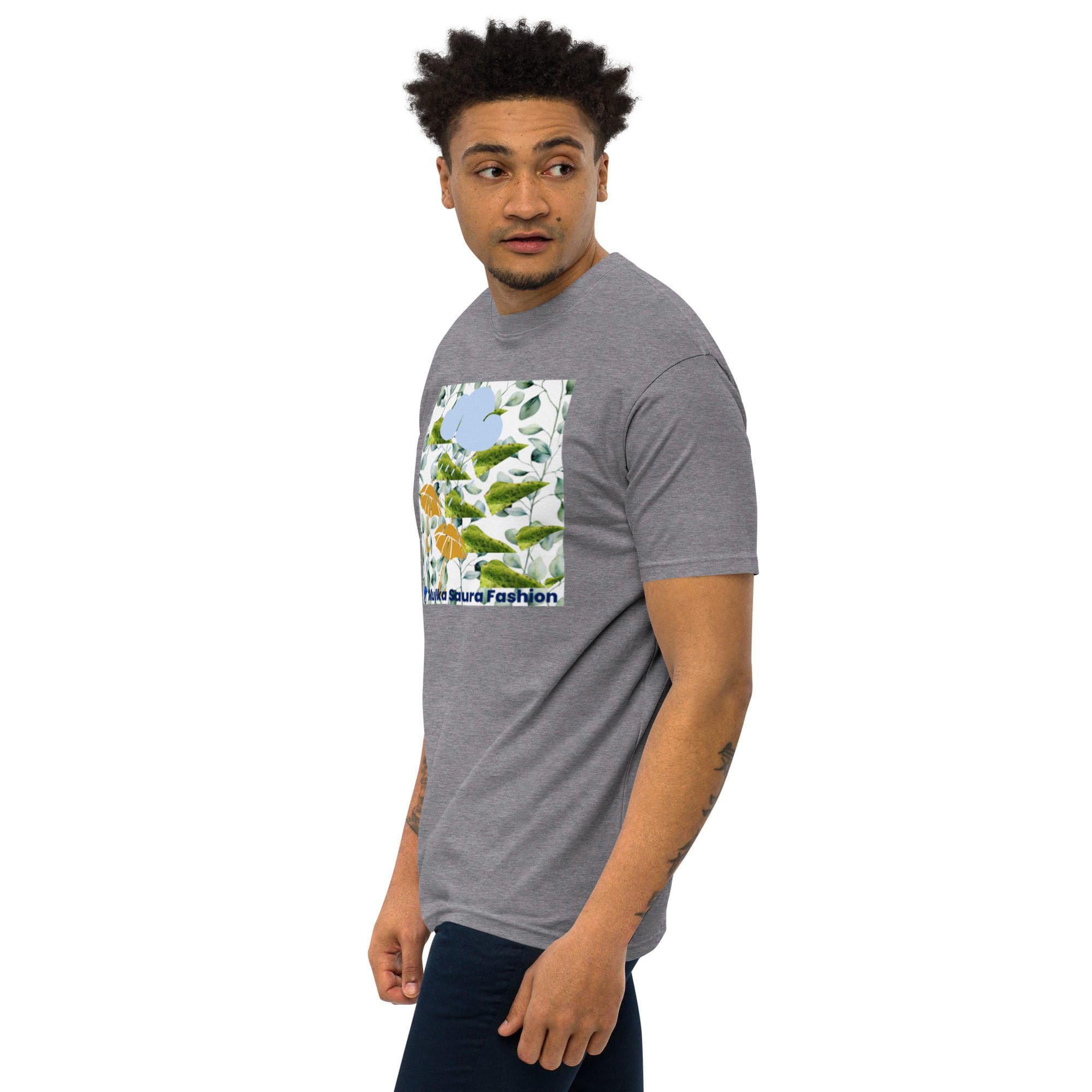 Man wearing gray nature-themed graphic t-shirt.