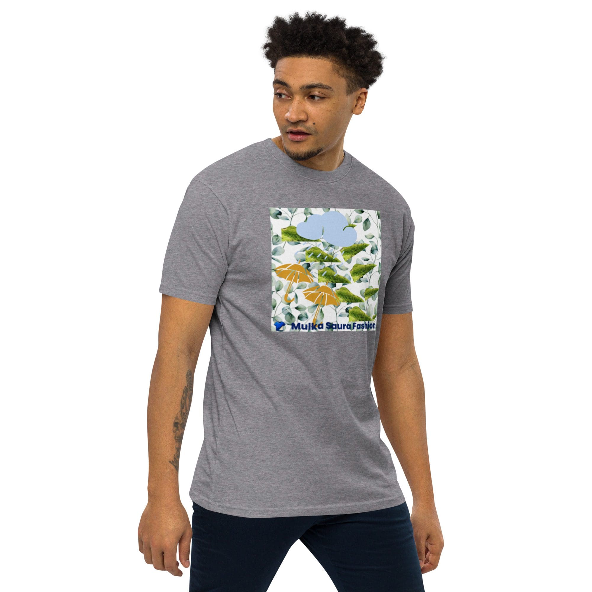 Man wearing a gray graphic t-shirt.