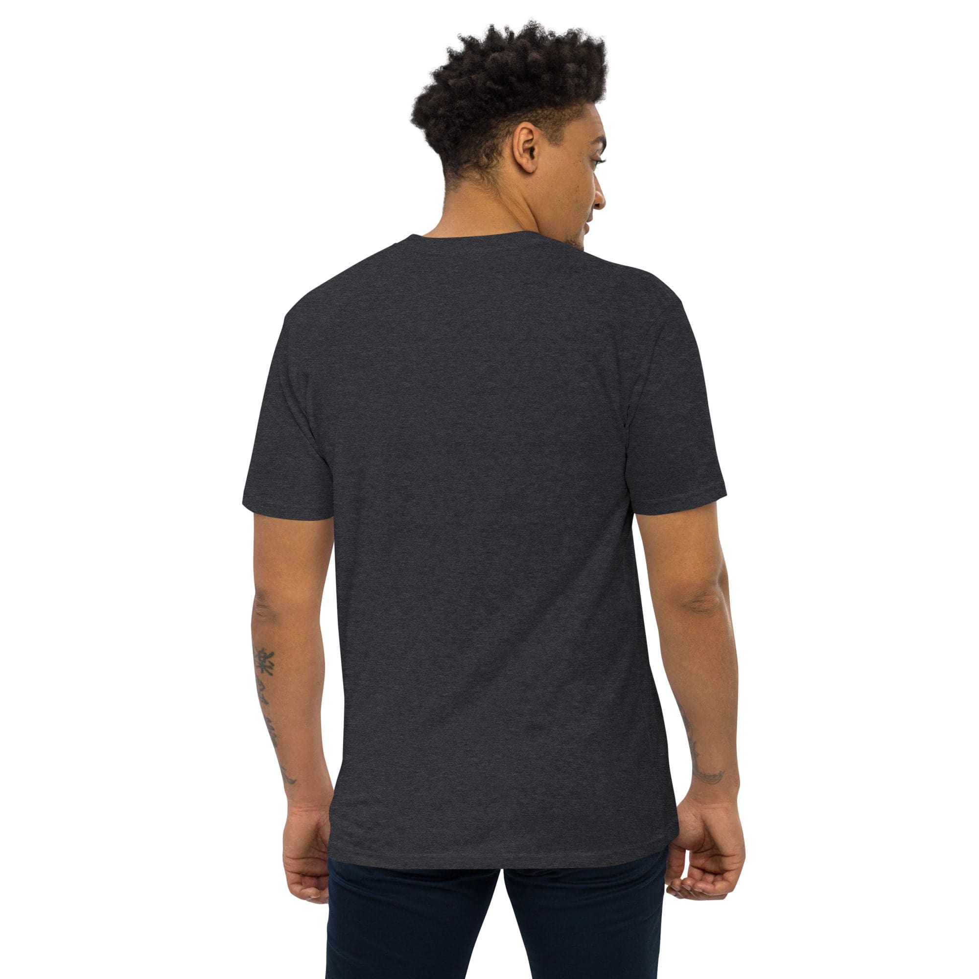 Man wearing a dark gray t-shirt.