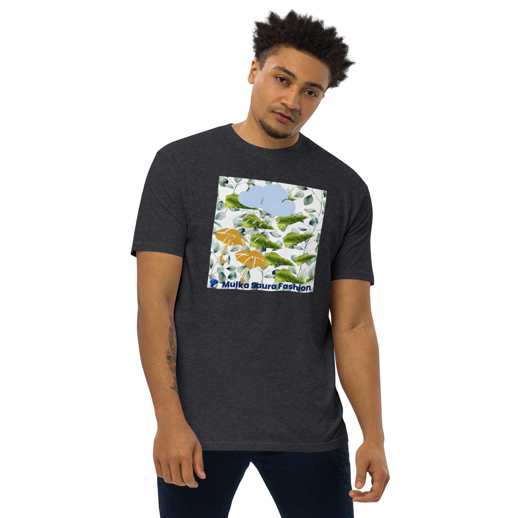 Man wearing a black t-shirt with print.