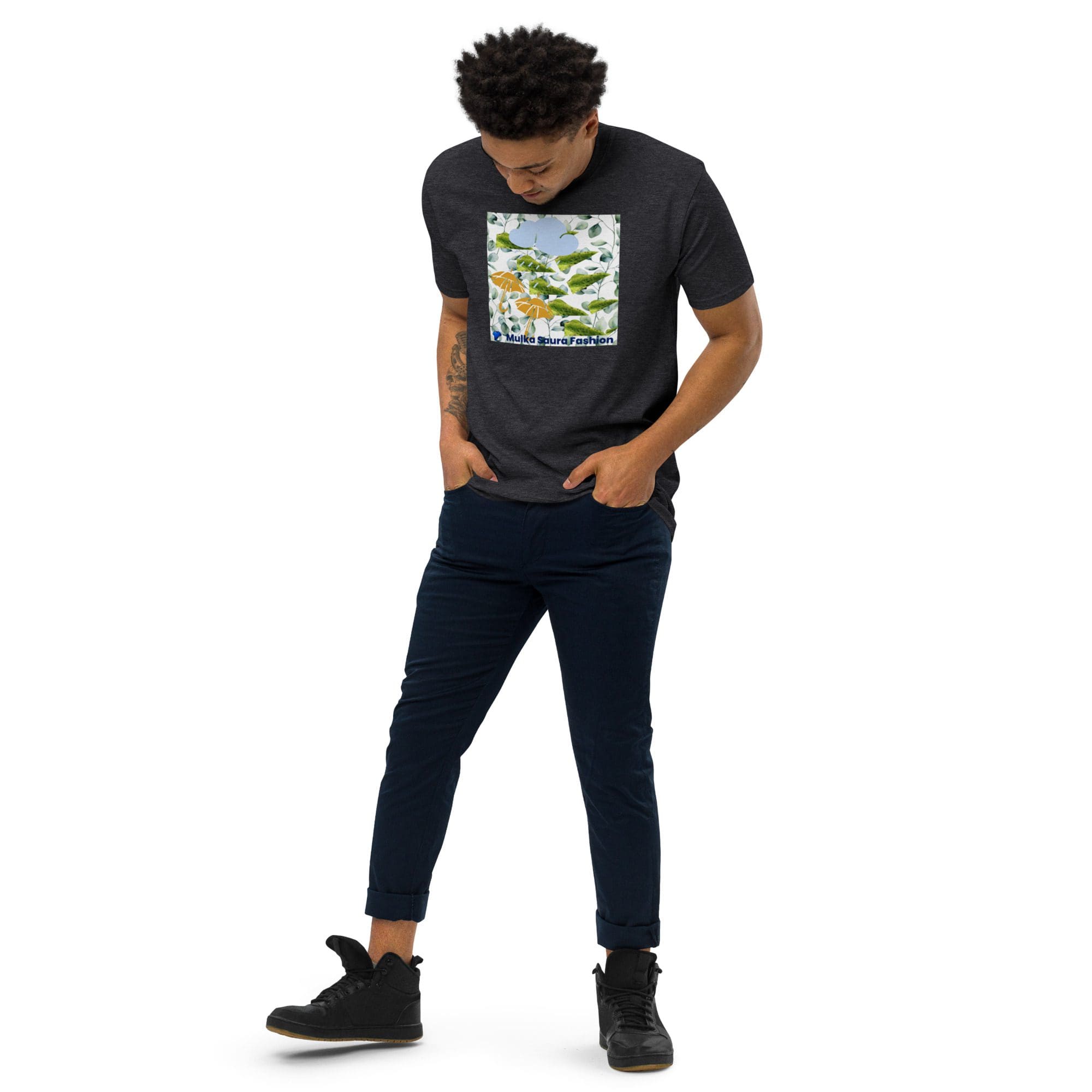 Man wearing printed T-shirt and jeans.