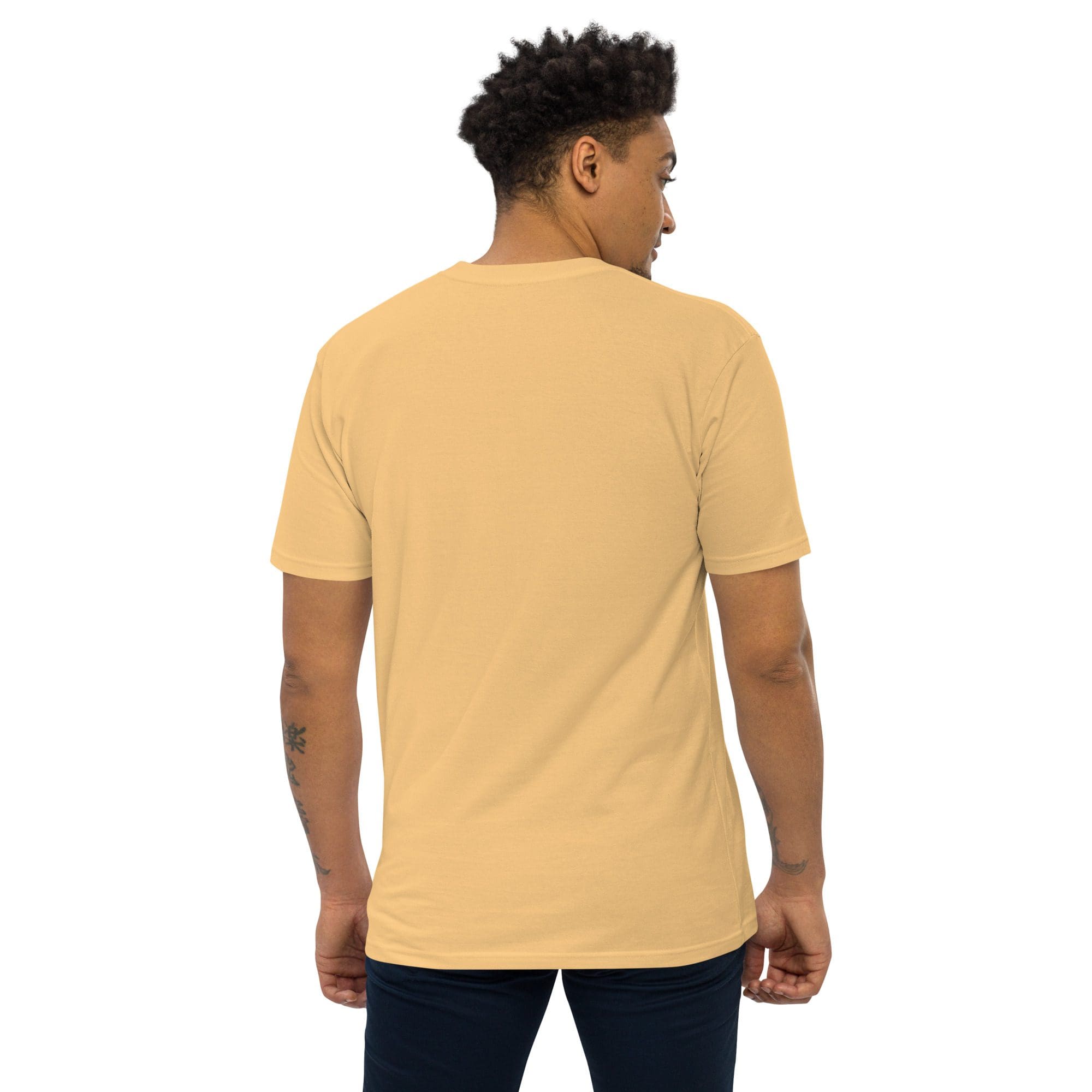 Man in beige T-shirt facing away.