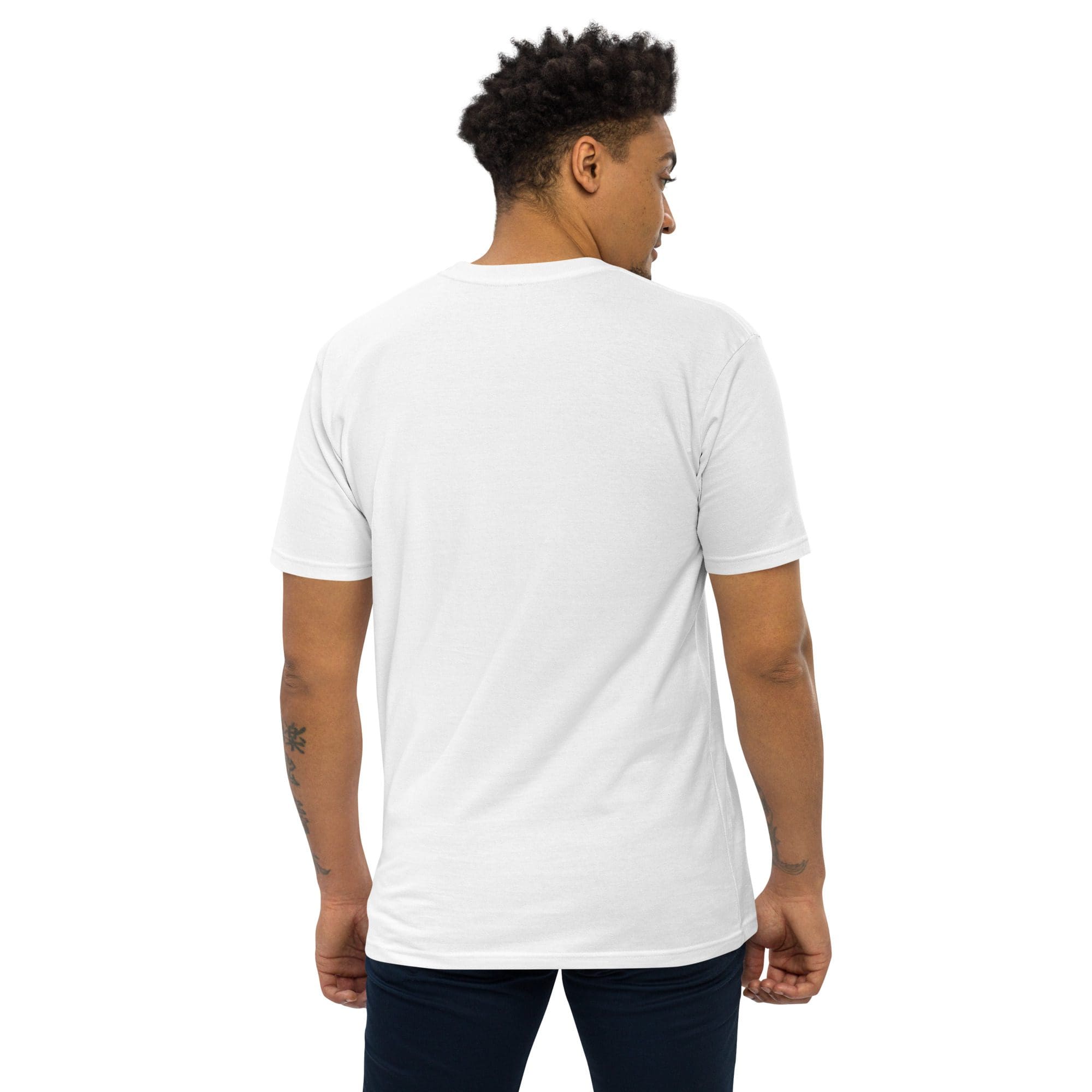 Man wearing white T-shirt, viewed from behind.