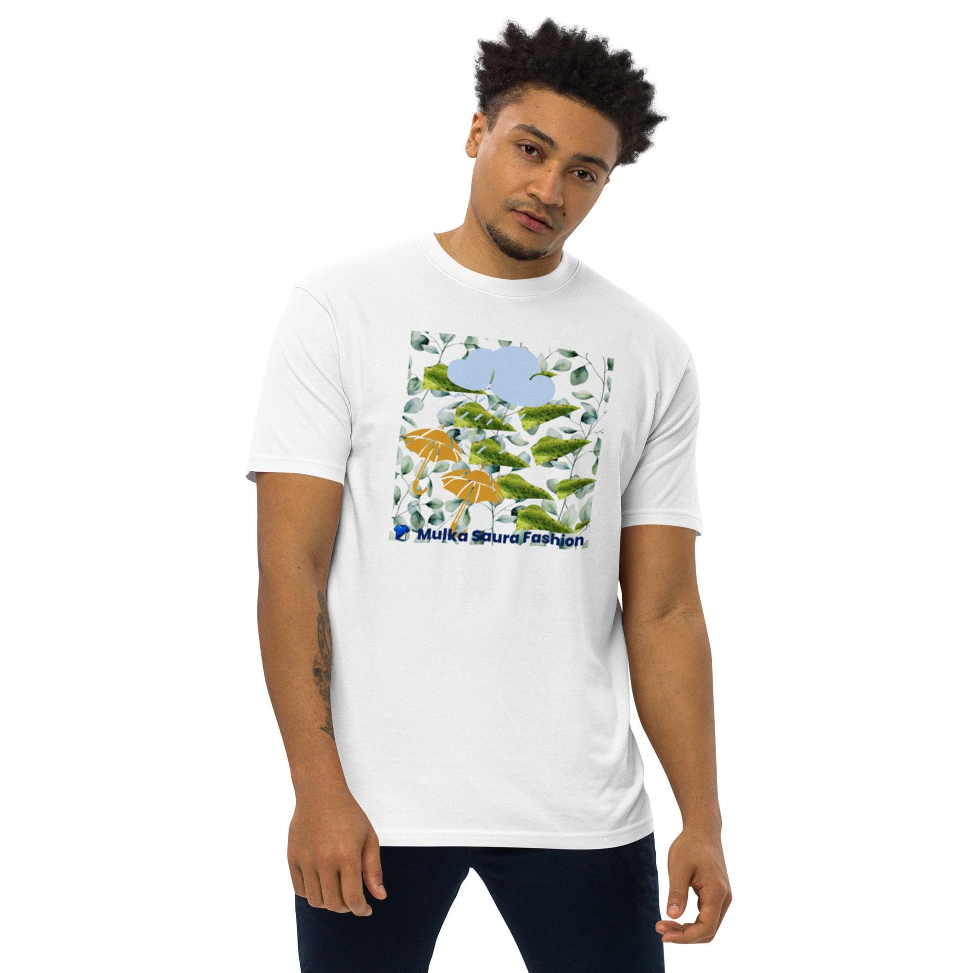 Man wearing a printed white T-shirt.