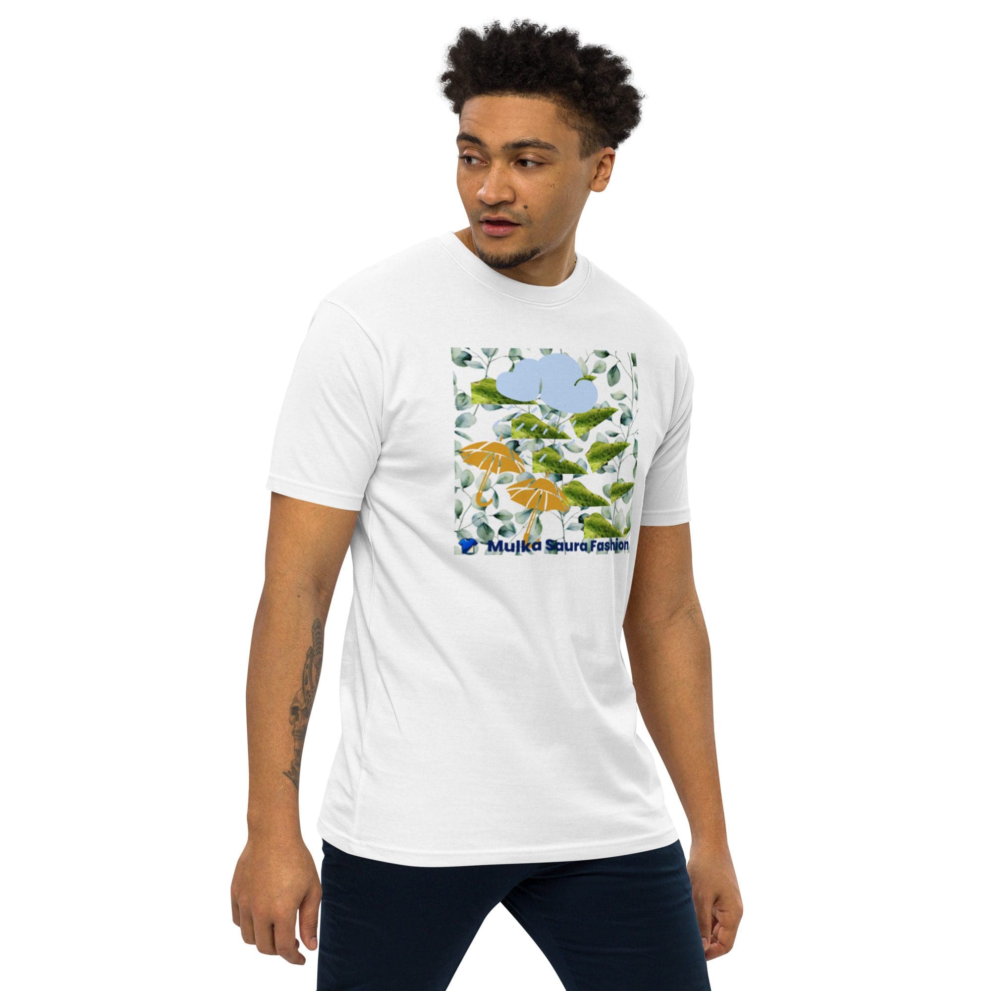 Man wearing a white graphic t-shirt.