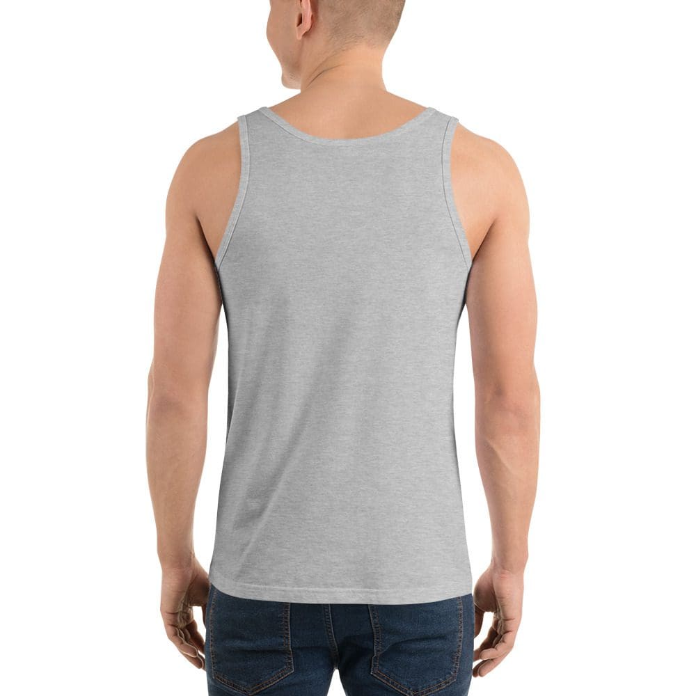 Man wearing gray tank top, blue jeans.