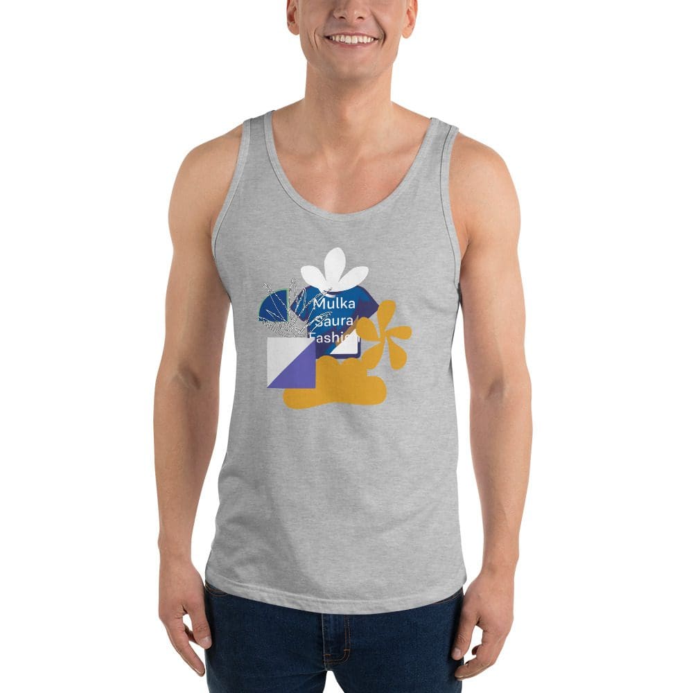 Man wearing gray tank top, abstract design.