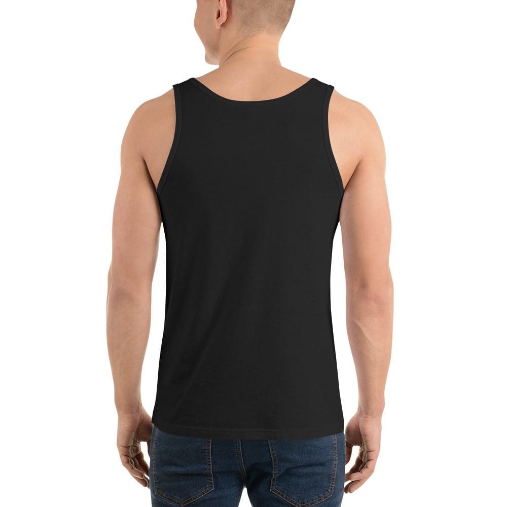 Man in black tank top, blue jeans.