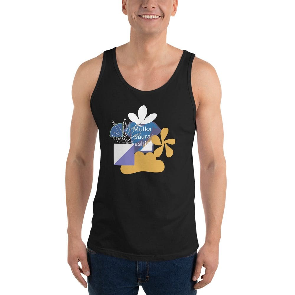 Man wearing black graphic tank top.