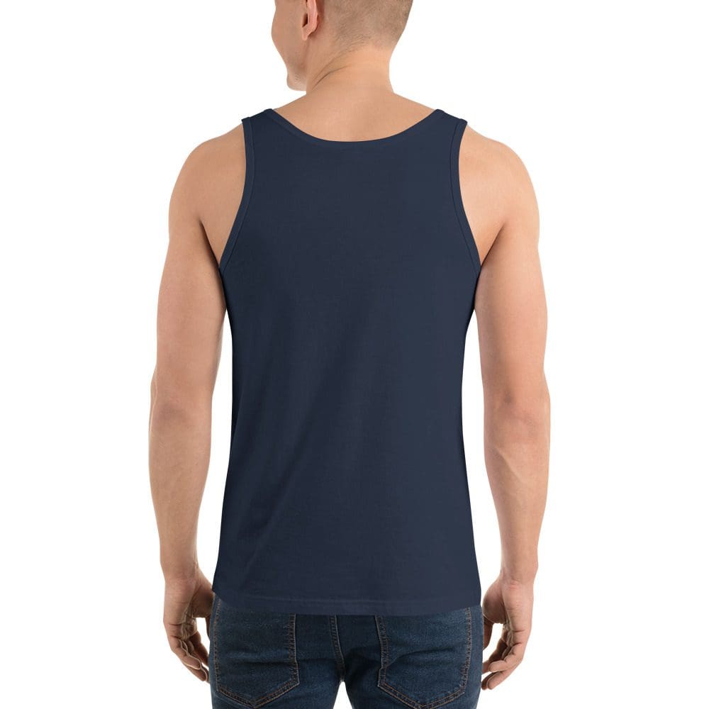 Man wearing dark tank top and jeans.