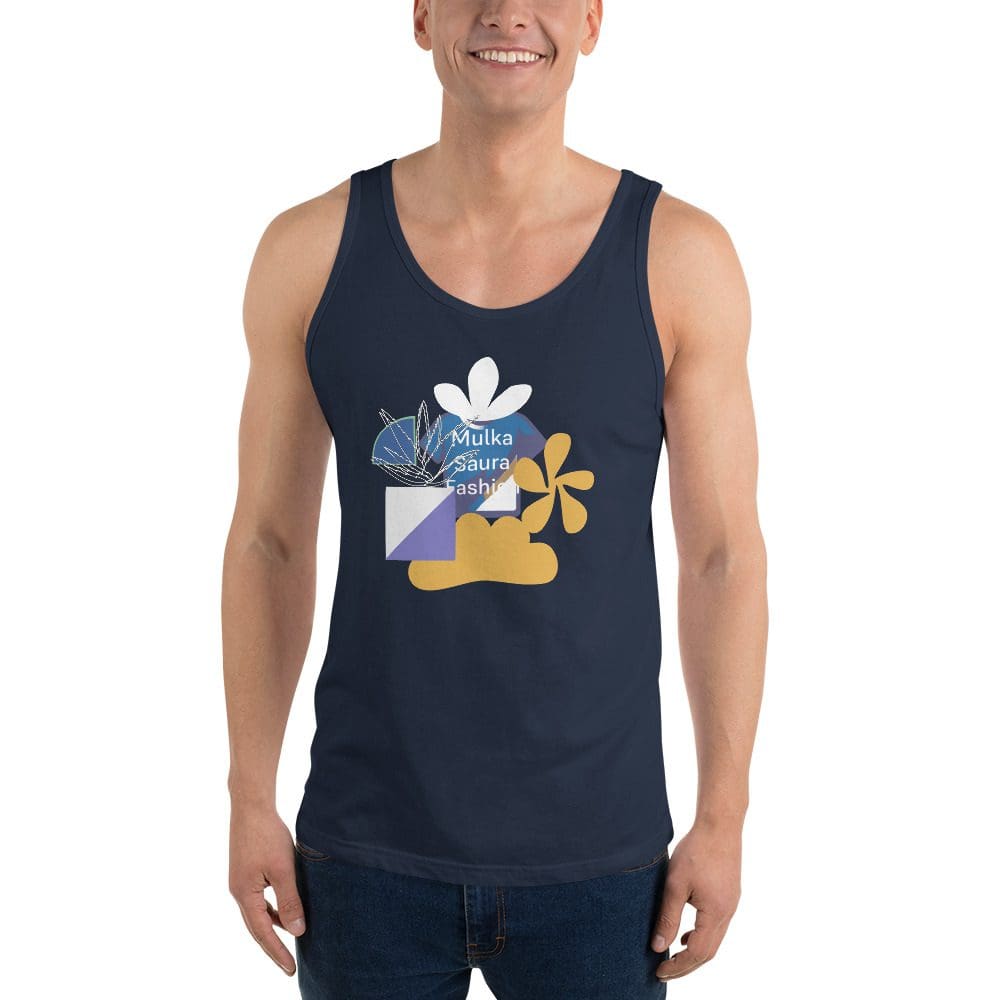 Man wearing navy graphic tank top.