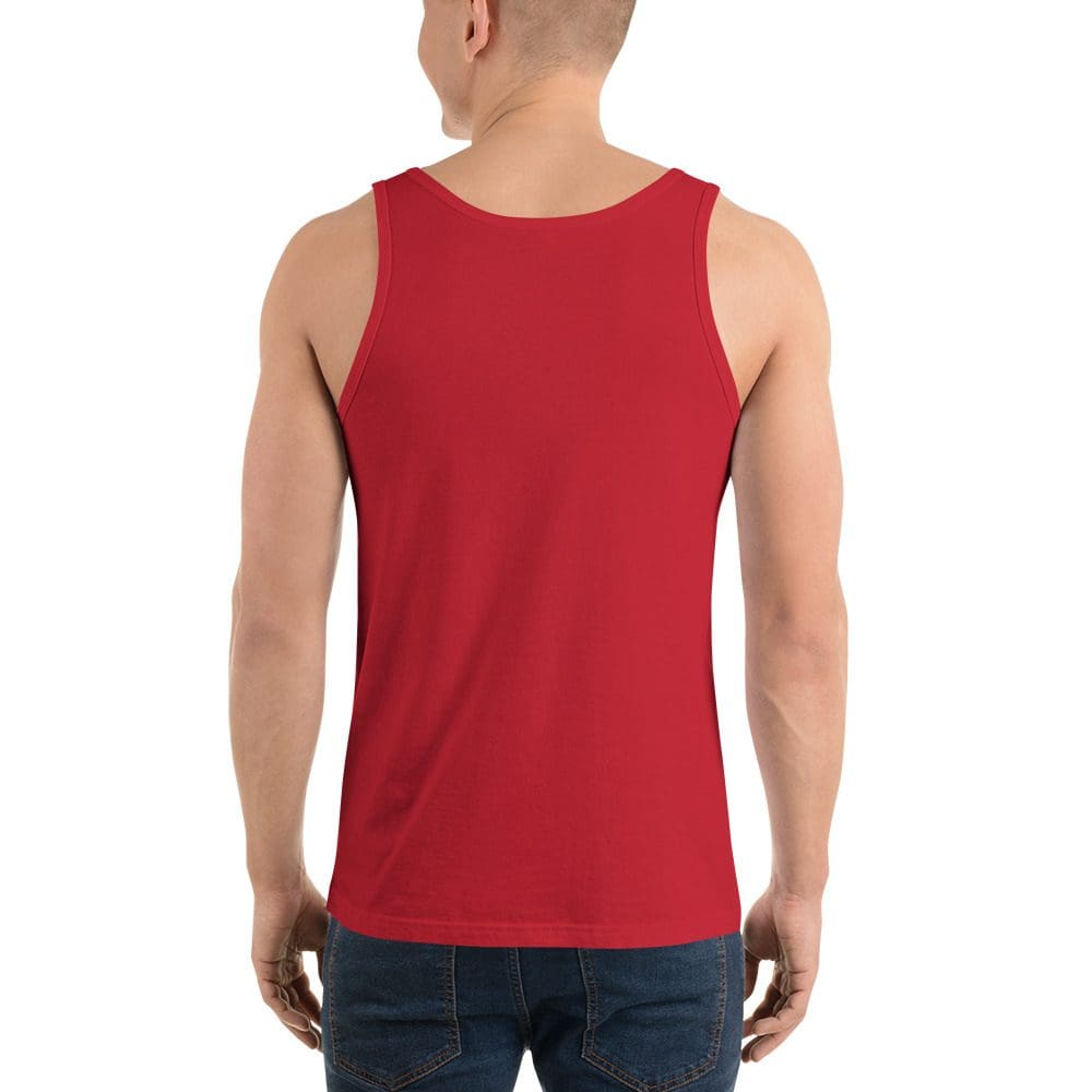 Man in red tank top, facing away.