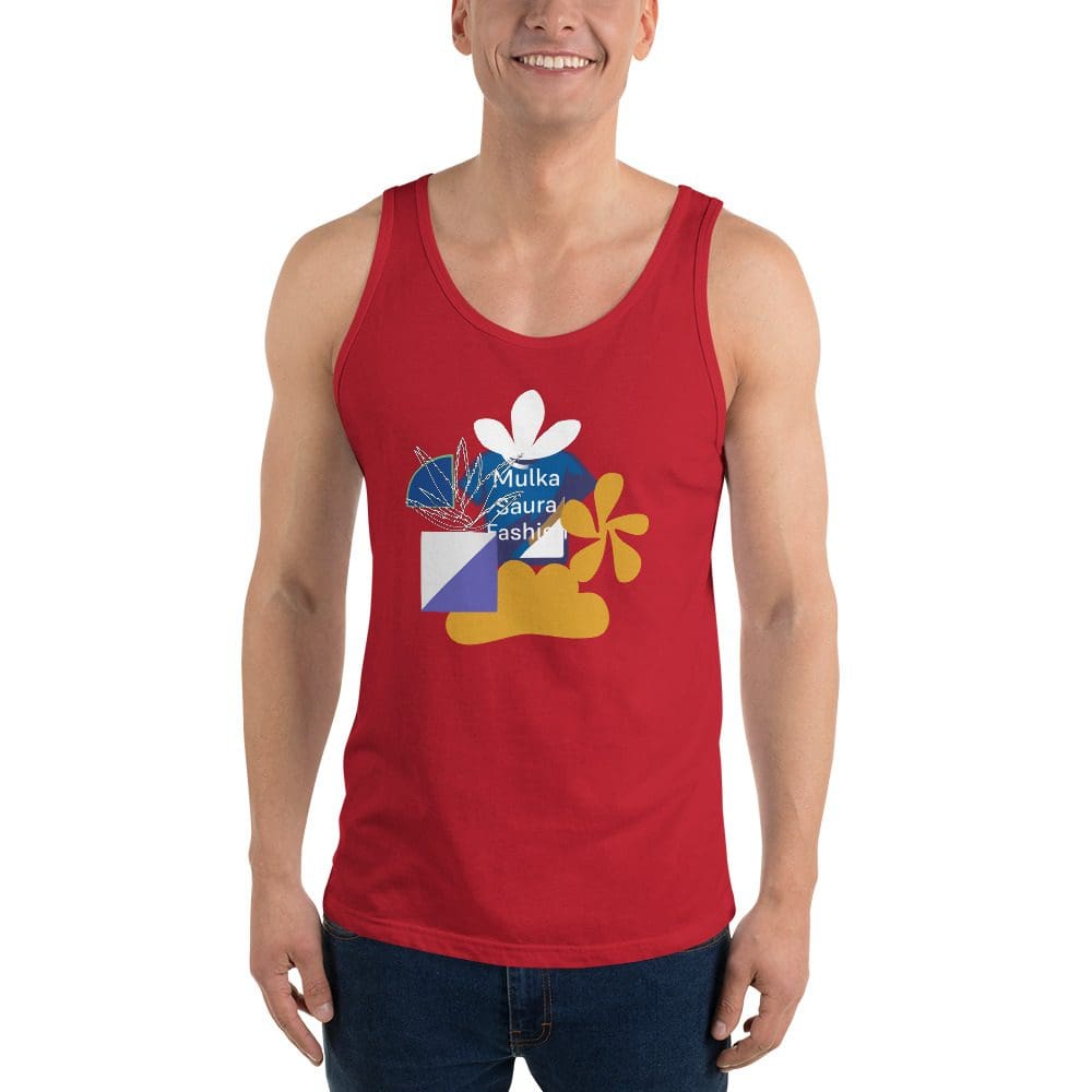 Man wearing red tank top with design.