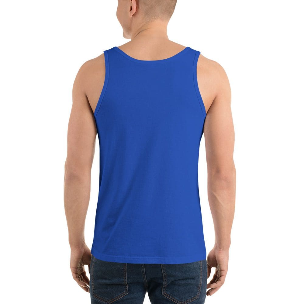 Man wearing blue tank top, facing away.