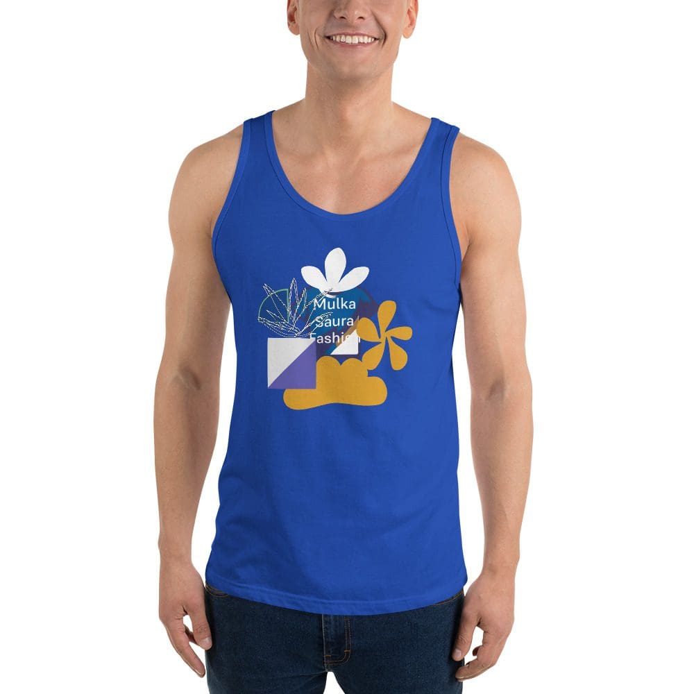 Man wearing blue tank top, abstract design.