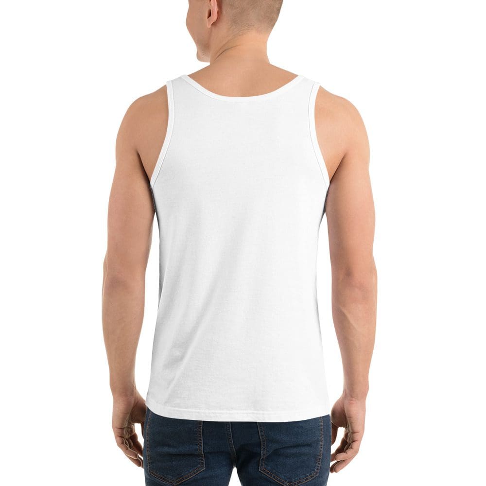 Man wearing white tank top, back view.