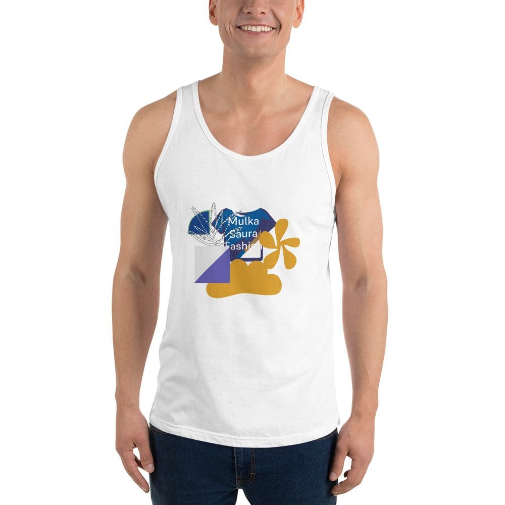 Man wearing tank top with abstract print.